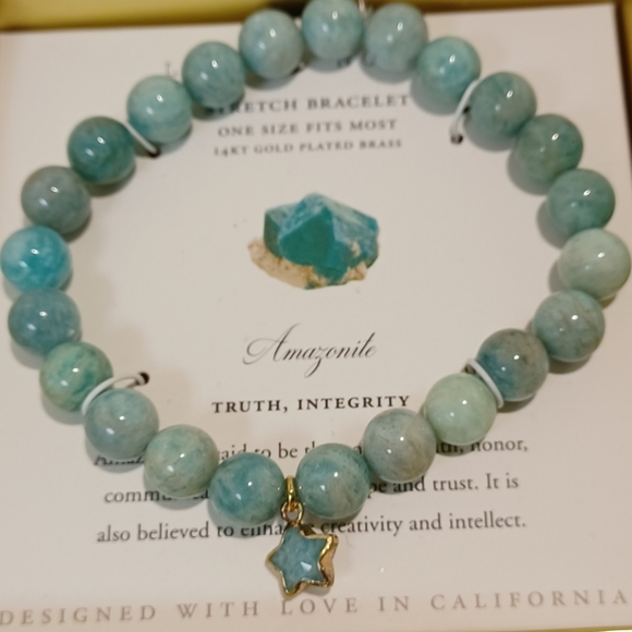 LUNA NORTE 14K GOLD PLATED STAR CHARM W/ AMAZONITE STRETCH BRACELET ONE SIZE - Picture 2 of 7